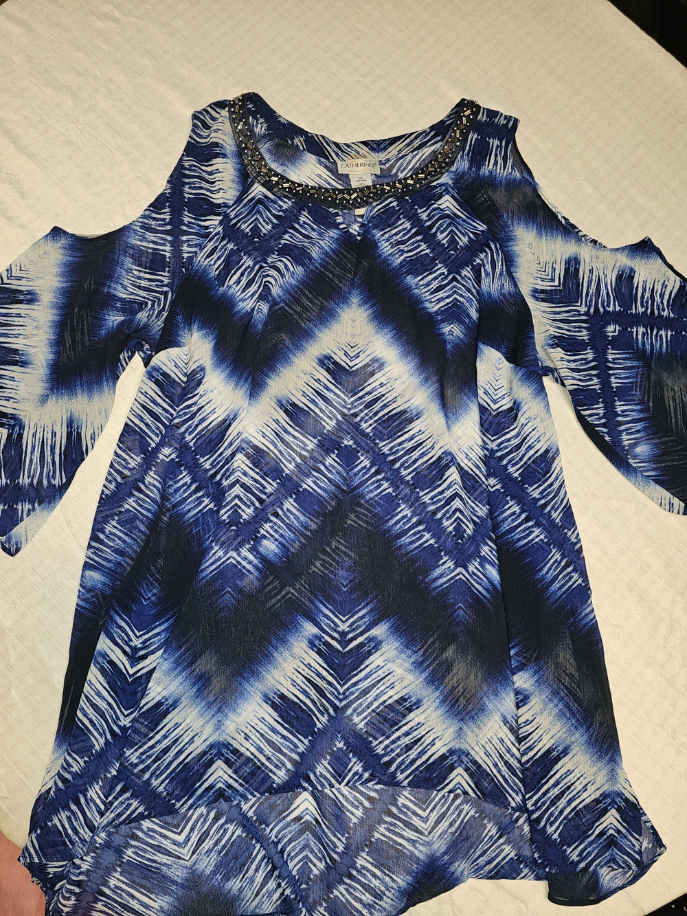 Catherines Blue & White Cold-Shoulder Tie-Dye Blouse with Beaded Neckline